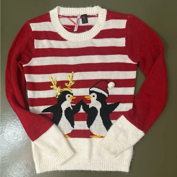Playful Penguins Ugly Holiday Christmas Sweater Red and White - Picture 1 of 5
